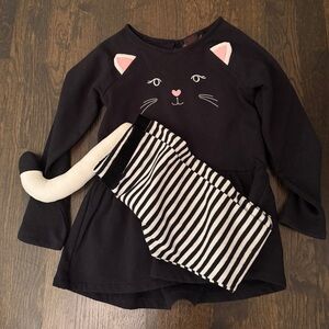 Black Cat Face Long Sleeve Top and Striped Pants Set